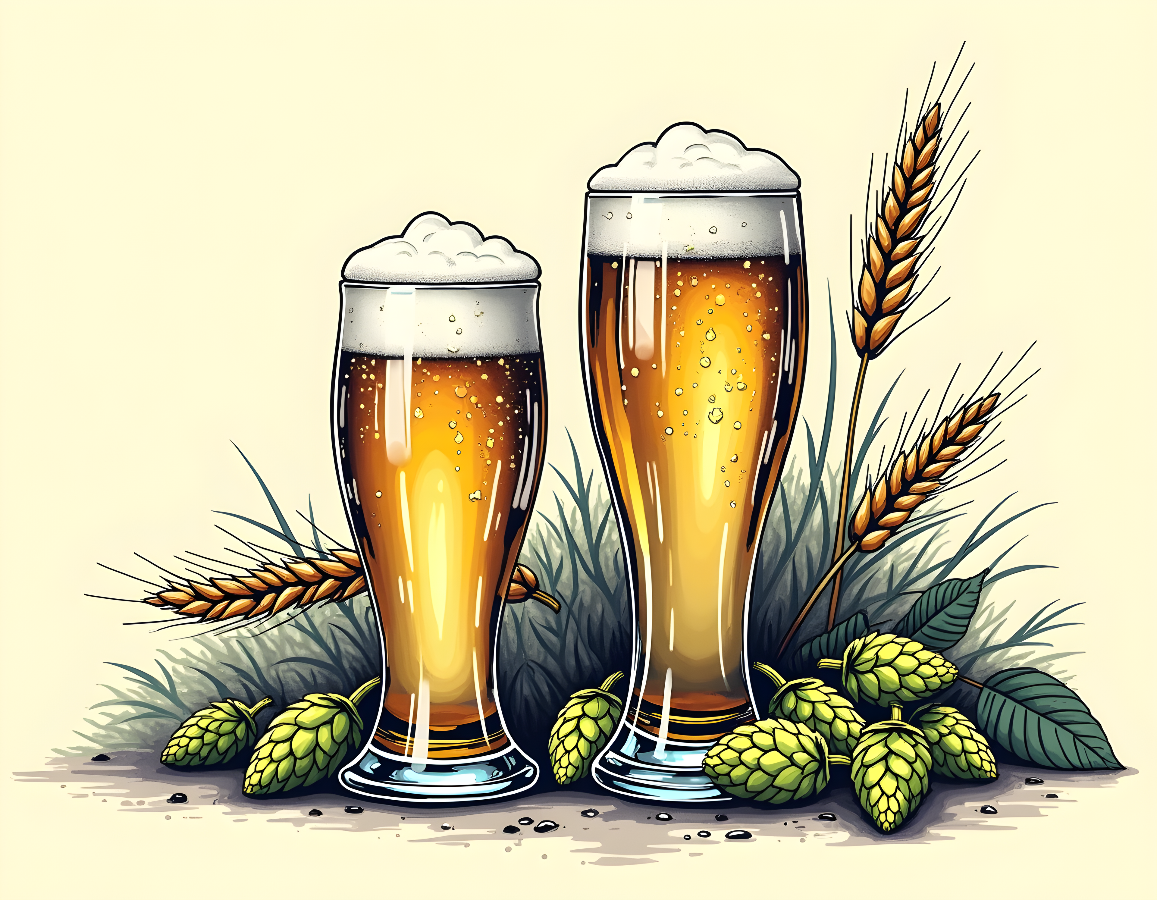 Beer Glasses with Hops and Wheat Line Art Wall Art