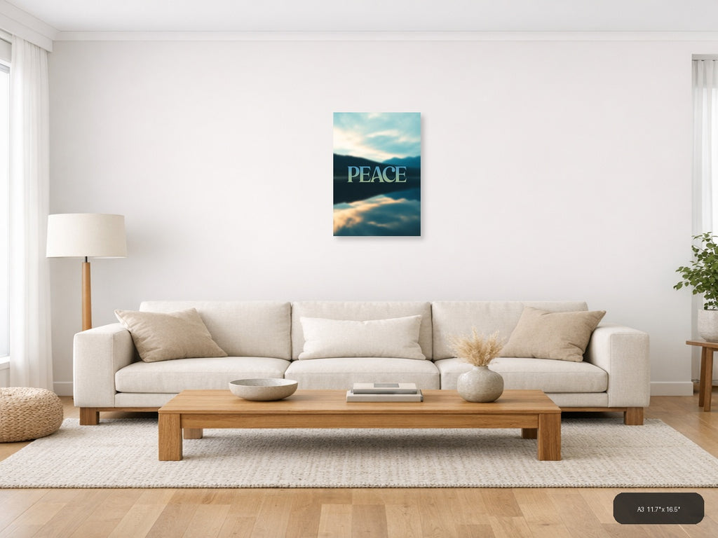 Peace Typography Mountain Lake Landscape Wall Art — A3 / Living Room