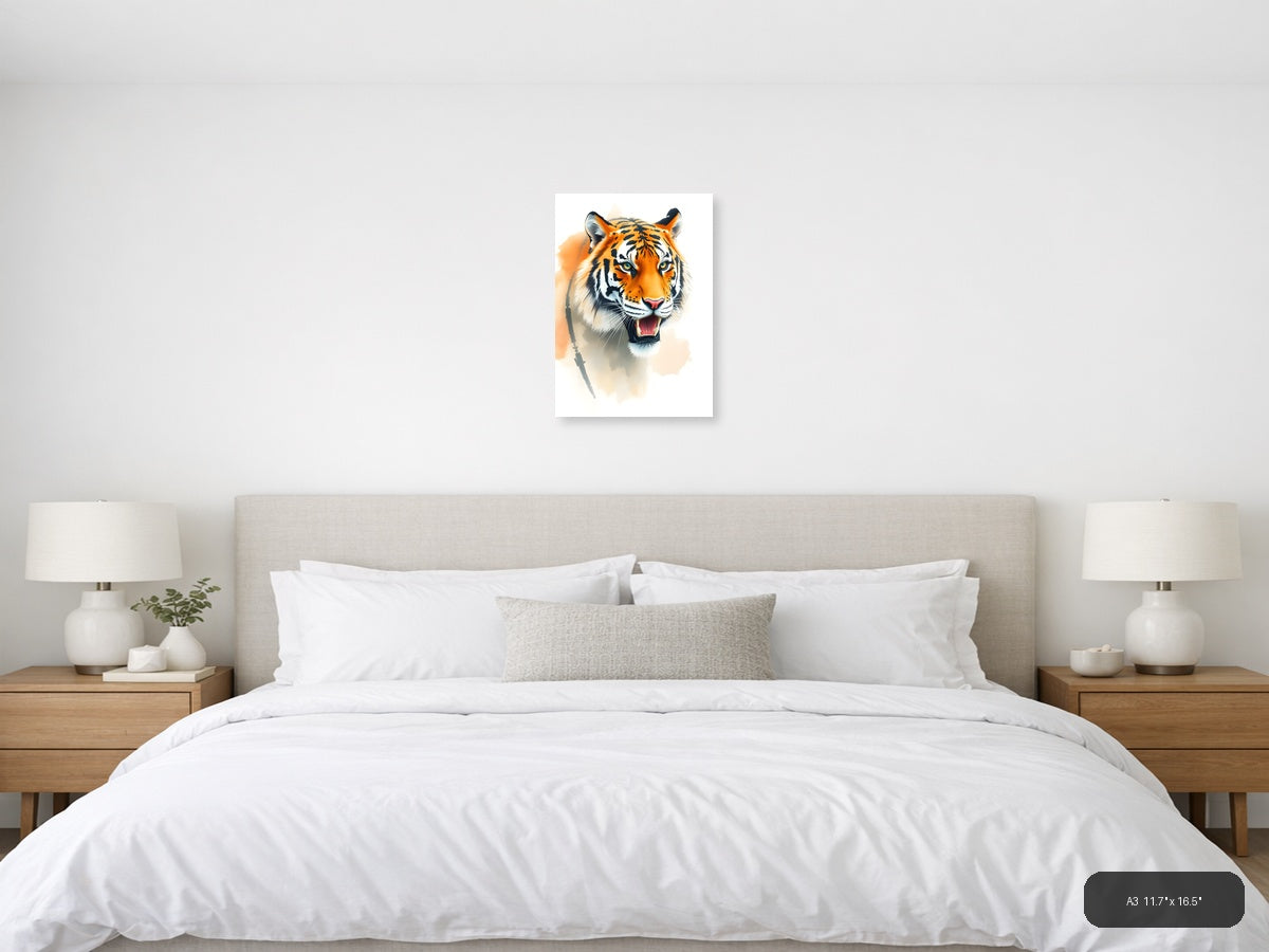 Orange Tiger Portrait Watercolor Wall Art — A3 / Bedroom