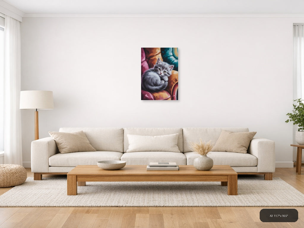 Fluffy White Kitten Abstract Colorful Wall Art — A3 / Living Room