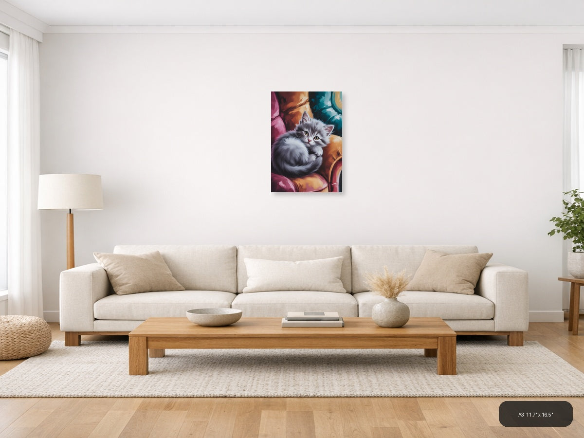 Fluffy White Kitten Abstract Colorful Wall Art — A3 / Living Room