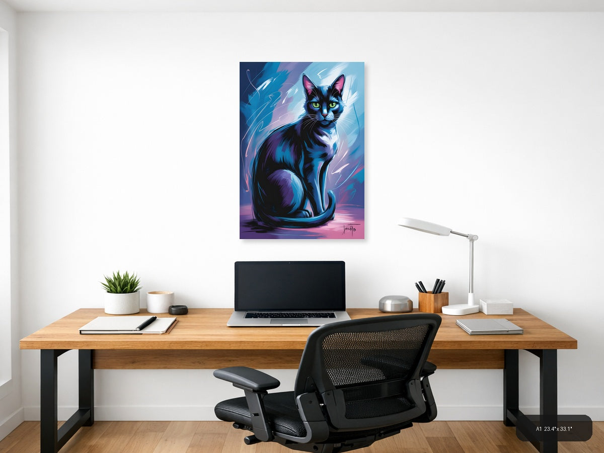 Abstract Blue Cat with Neon Eyes Portrait Wall Art — A1 / Office