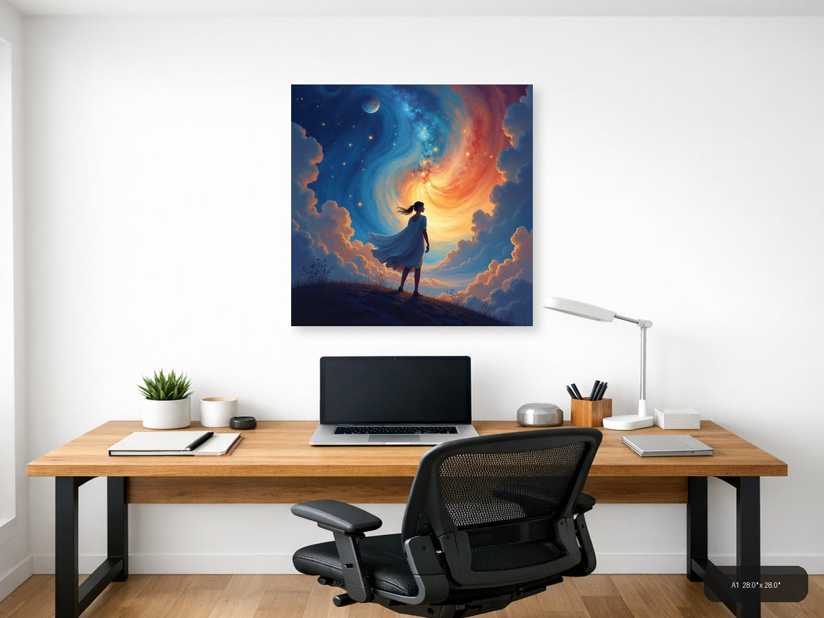 Woman Gazing at Cosmic Spiral Abstract Wall Art — A1 / Office