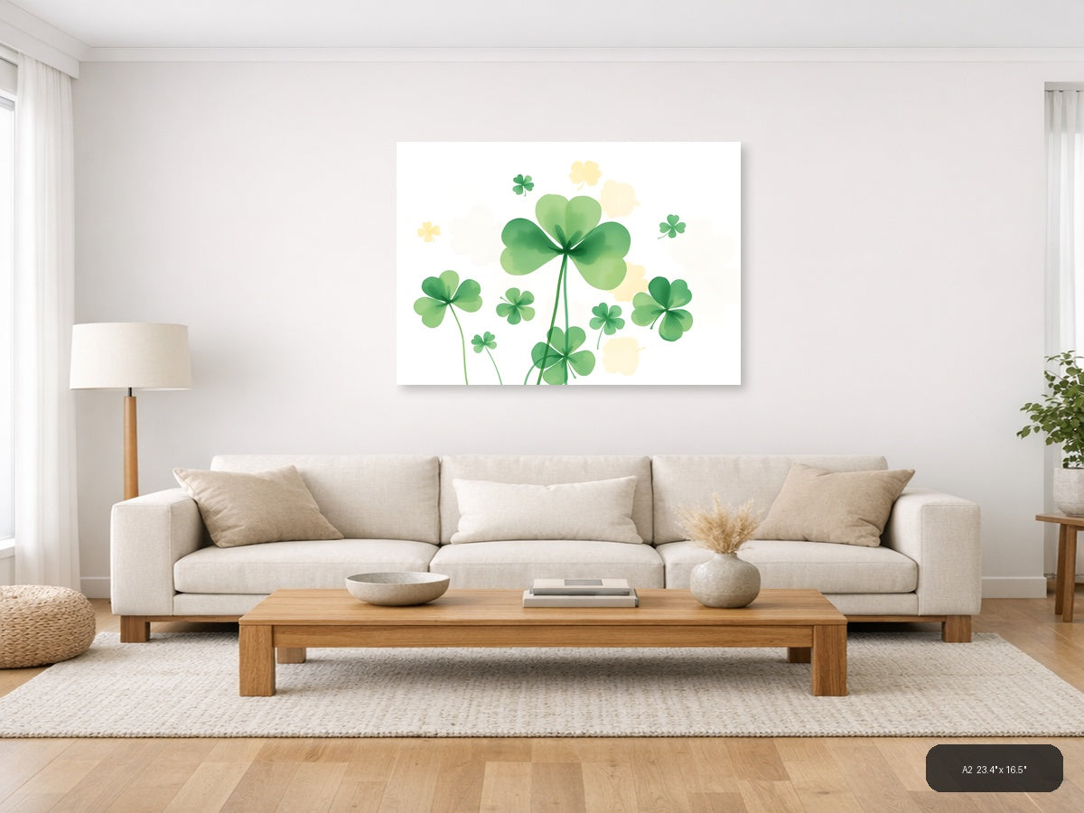 Lucky Four Leaf Clovers Watercolor Botanical Wall Art — A2 / Living Room