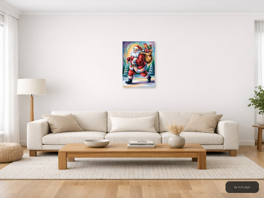 Jolly Santa with Gift Sack Winter Wall Art — A3 / Living Room