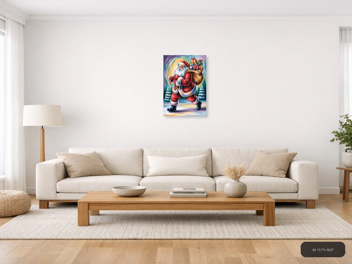Jolly Santa with Gift Sack Winter Wall Art — A3 / Living Room