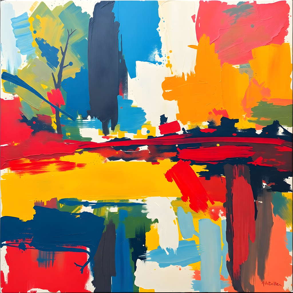 Vibrant Abstract Landscape with Blue Tower Wall Art