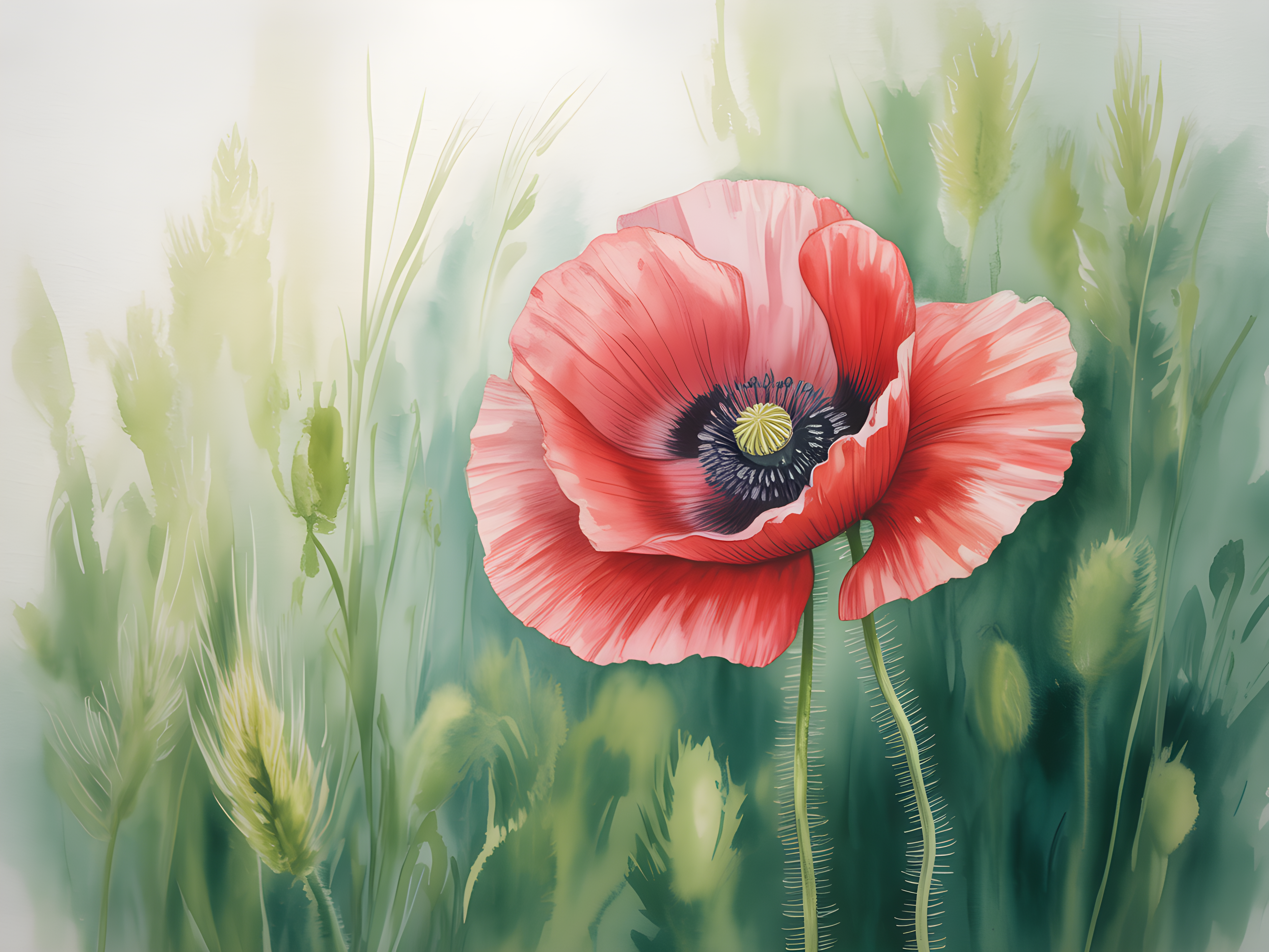 Red Poppy Watercolor Flower with Wheat Field Wall Art
