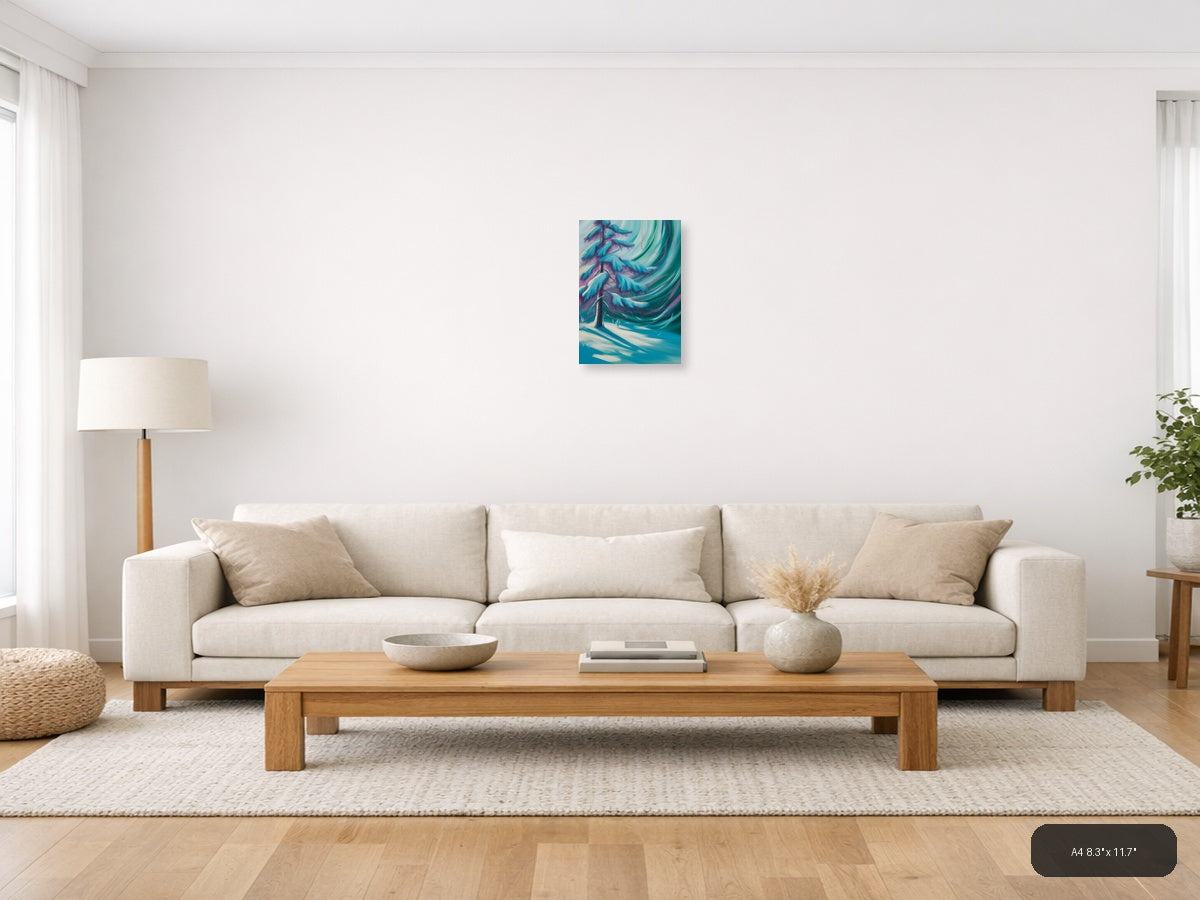 Abstract Winter Tree with Aurora Swirls Wall Art — A4 / Living Room