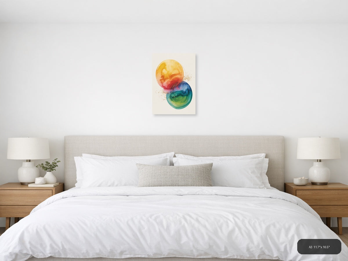 Watercolor Gradient Circles with Gold Splatter Wall Art — A3 / Bedroom