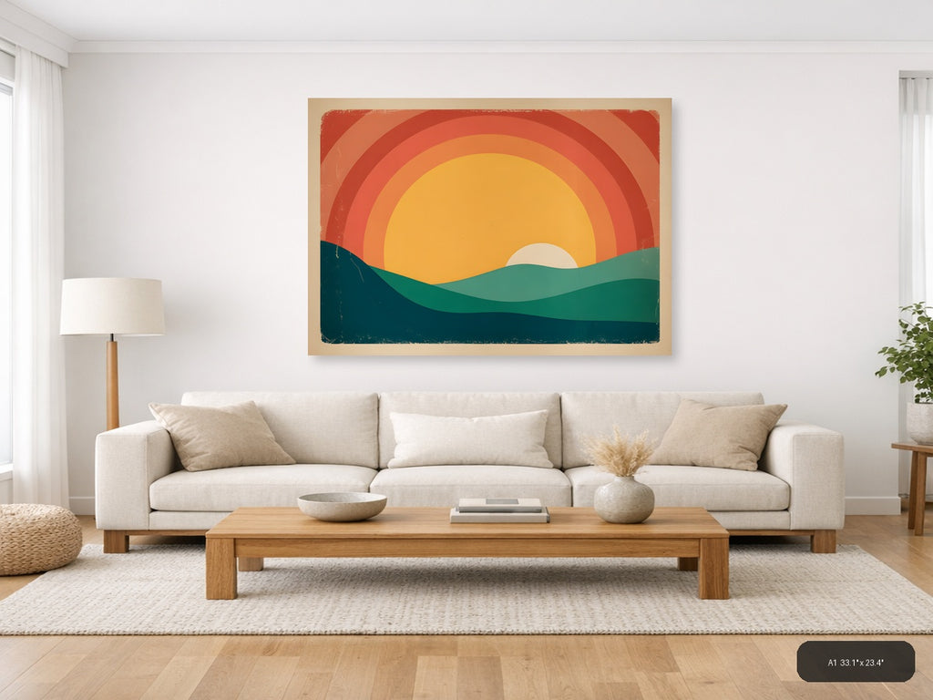 Vintage Retro Sunset Landscape Illustration Wall Art — A1 / Living Room