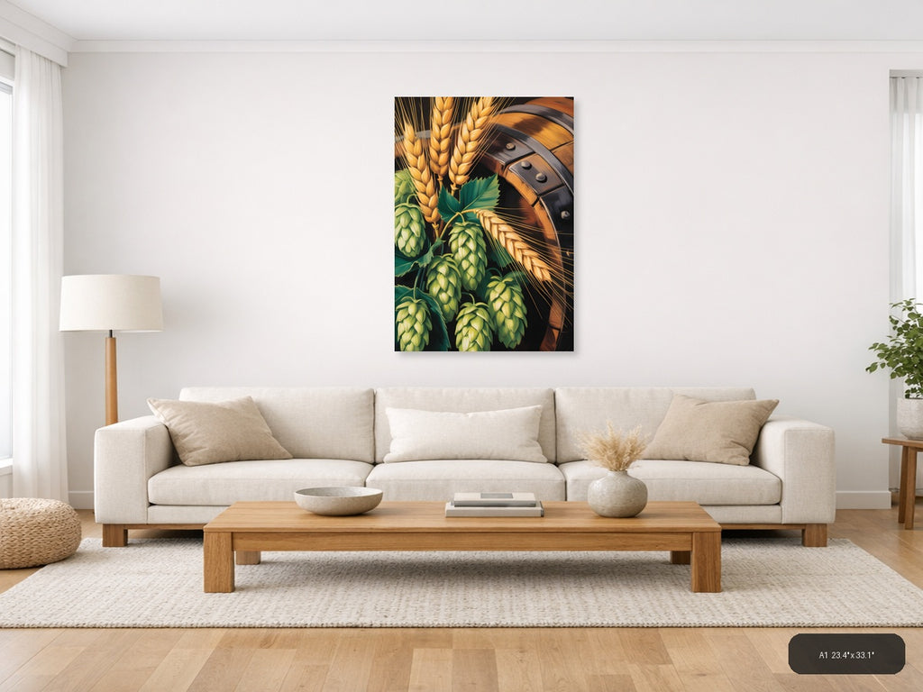 Beer Barrel & Hops Wheat Abstract Portrait Wall Art — A1 / Living Room
