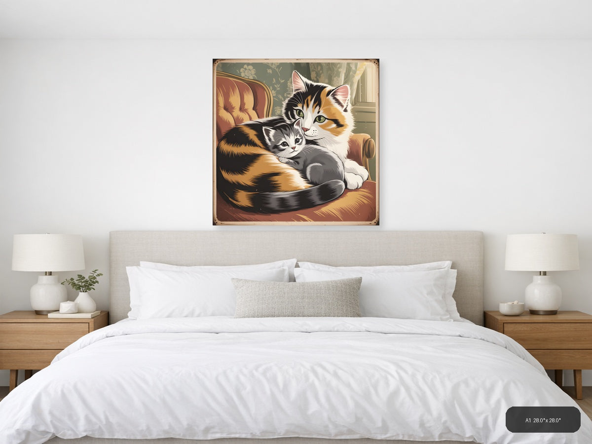 Calico Mother Cat with Kitten Vintage Wall Art — A1 / Bedroom