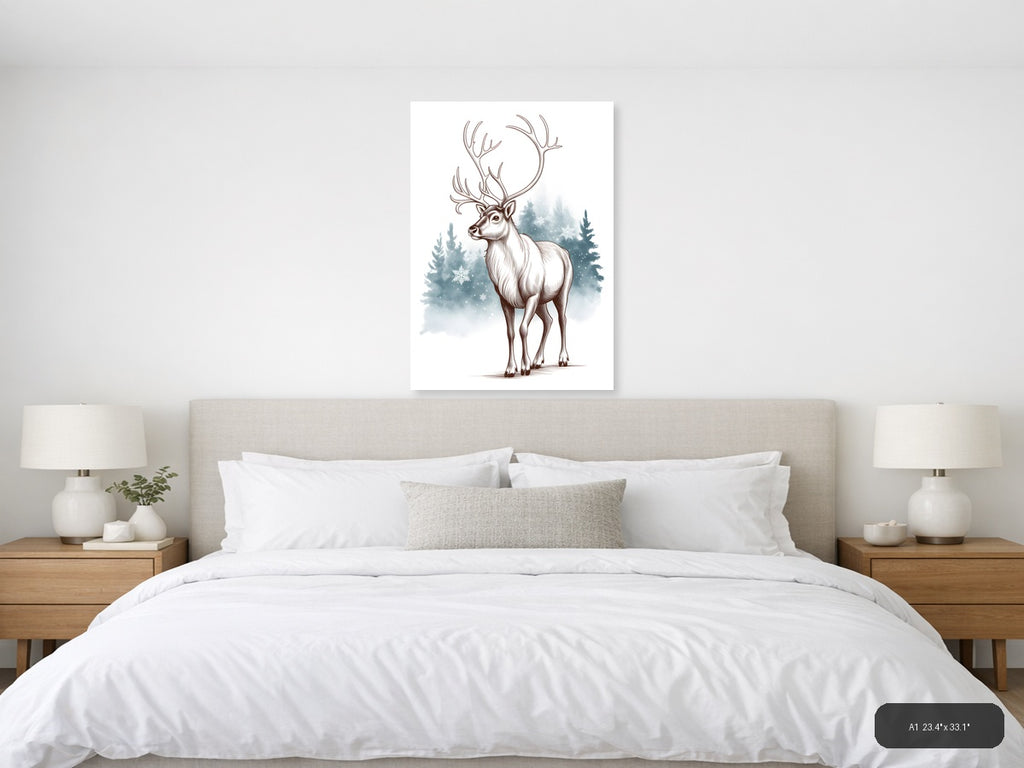 Winter Reindeer Line Art with Snowy Forest Wall Art — A1 / Bedroom