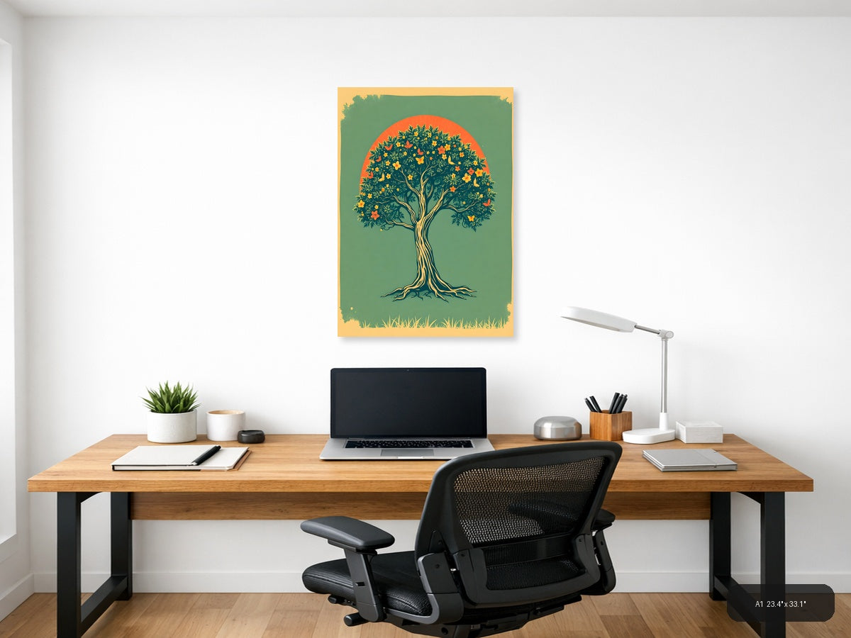 Vintage Flowering Tree with Orange Sun Wall Art — A1 / Office