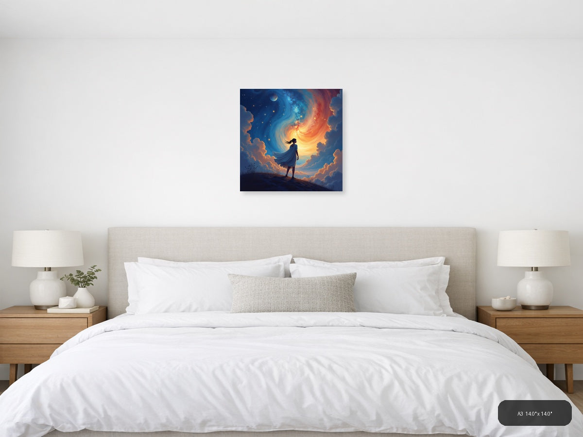 Woman Gazing at Cosmic Spiral Abstract Wall Art — A3 / Bedroom