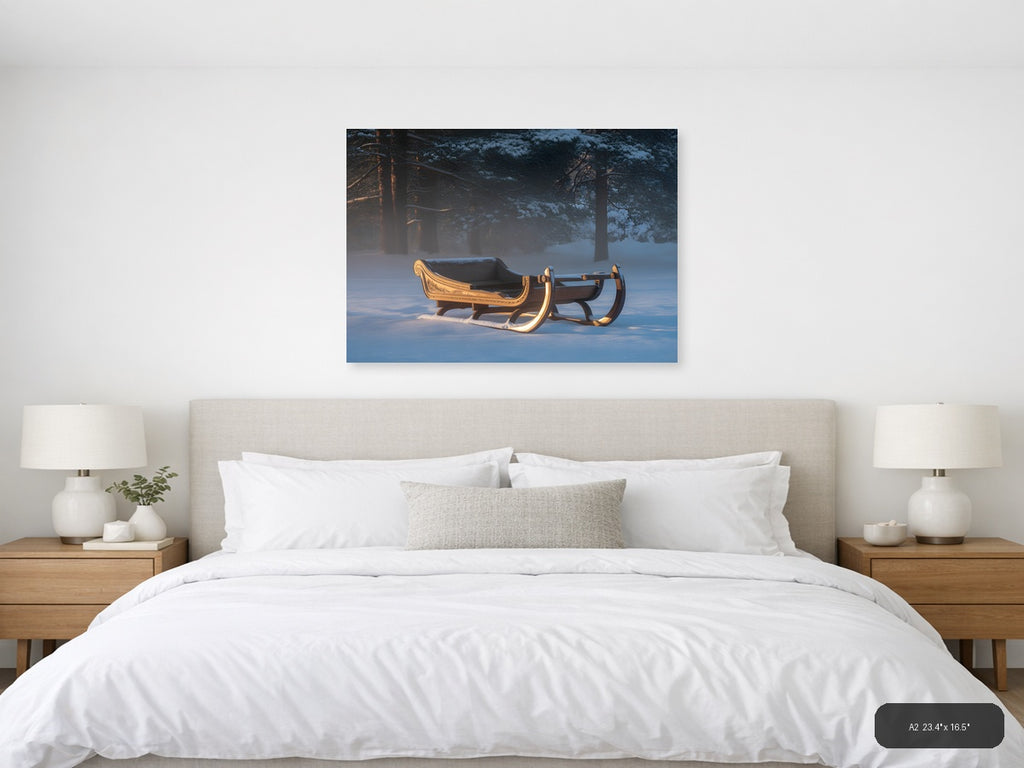 Golden Sleigh in Winter Forest Snow Photography Wall Art — A2 / Bedroom