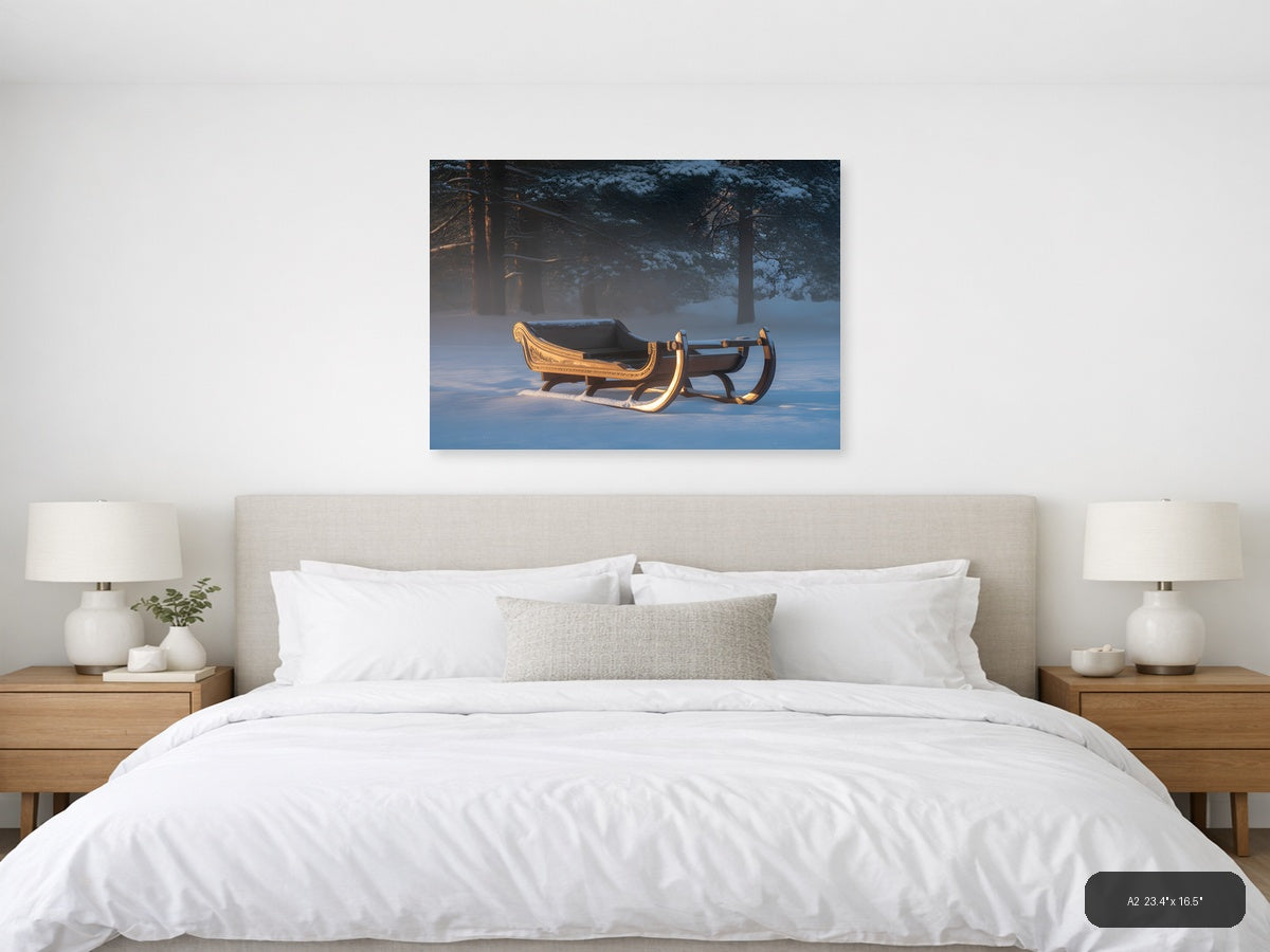 Golden Sleigh in Winter Forest Snow Photography Wall Art — A2 / Bedroom