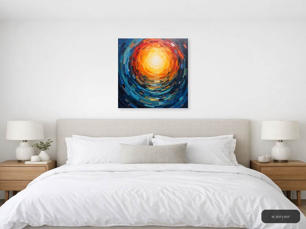 Abstract Concentric Sun Burst Orange Blue Wall Art — A2 / Bedroom