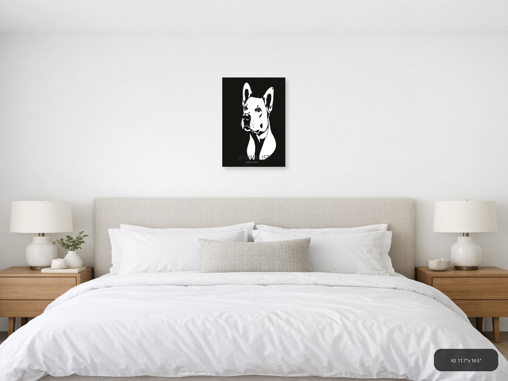 Minimalist Bull Terrier Portrait Black & White Wall Art — A3 / Bedroom