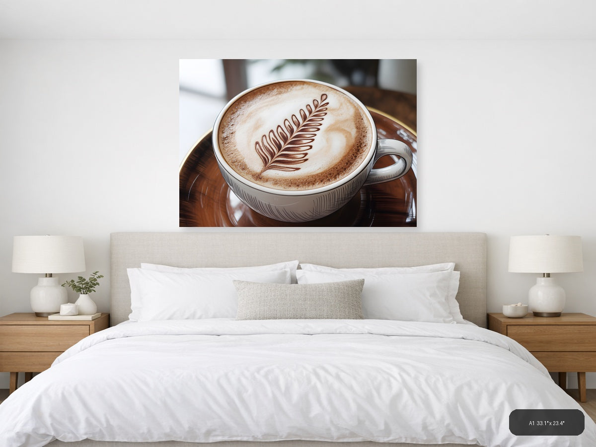 Latte Art Fern Leaf Line Art Coffee Wall Art — A1 / Bedroom