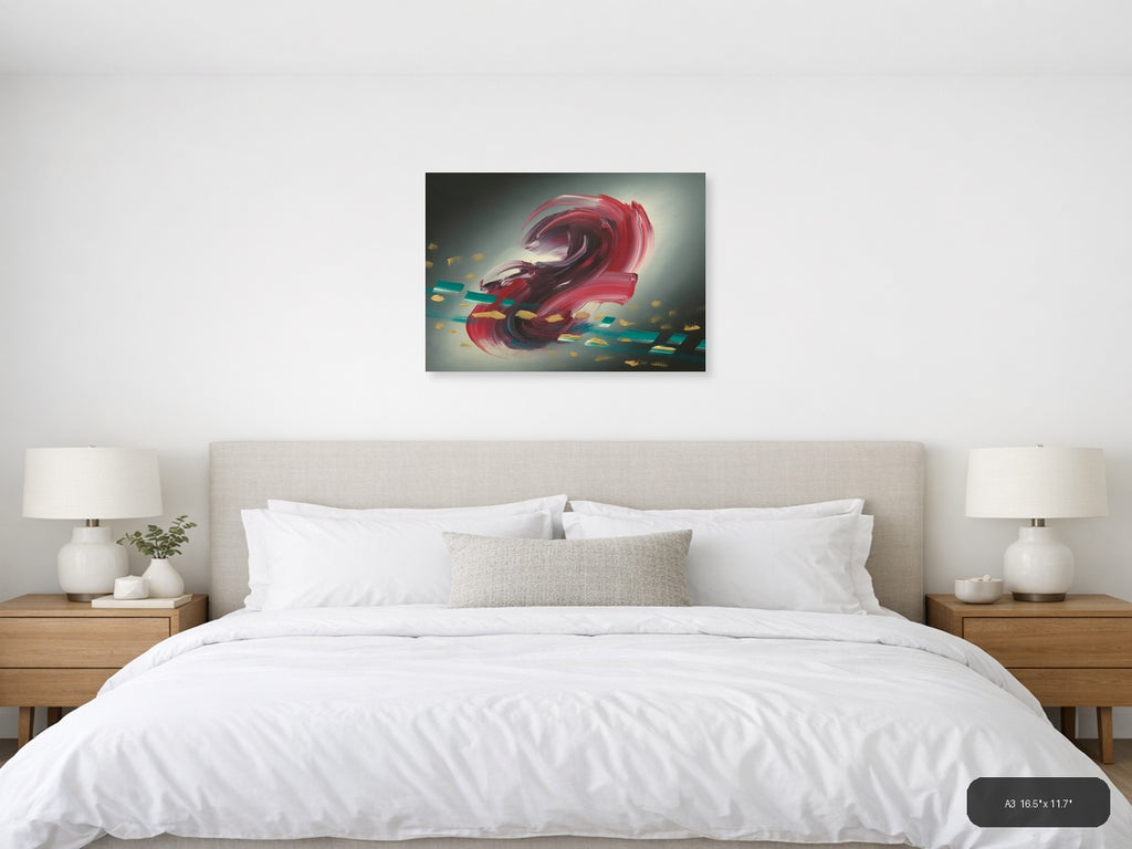 Red Abstract Swirl with Gold Accents Modern Wall Art — A3 / Bedroom