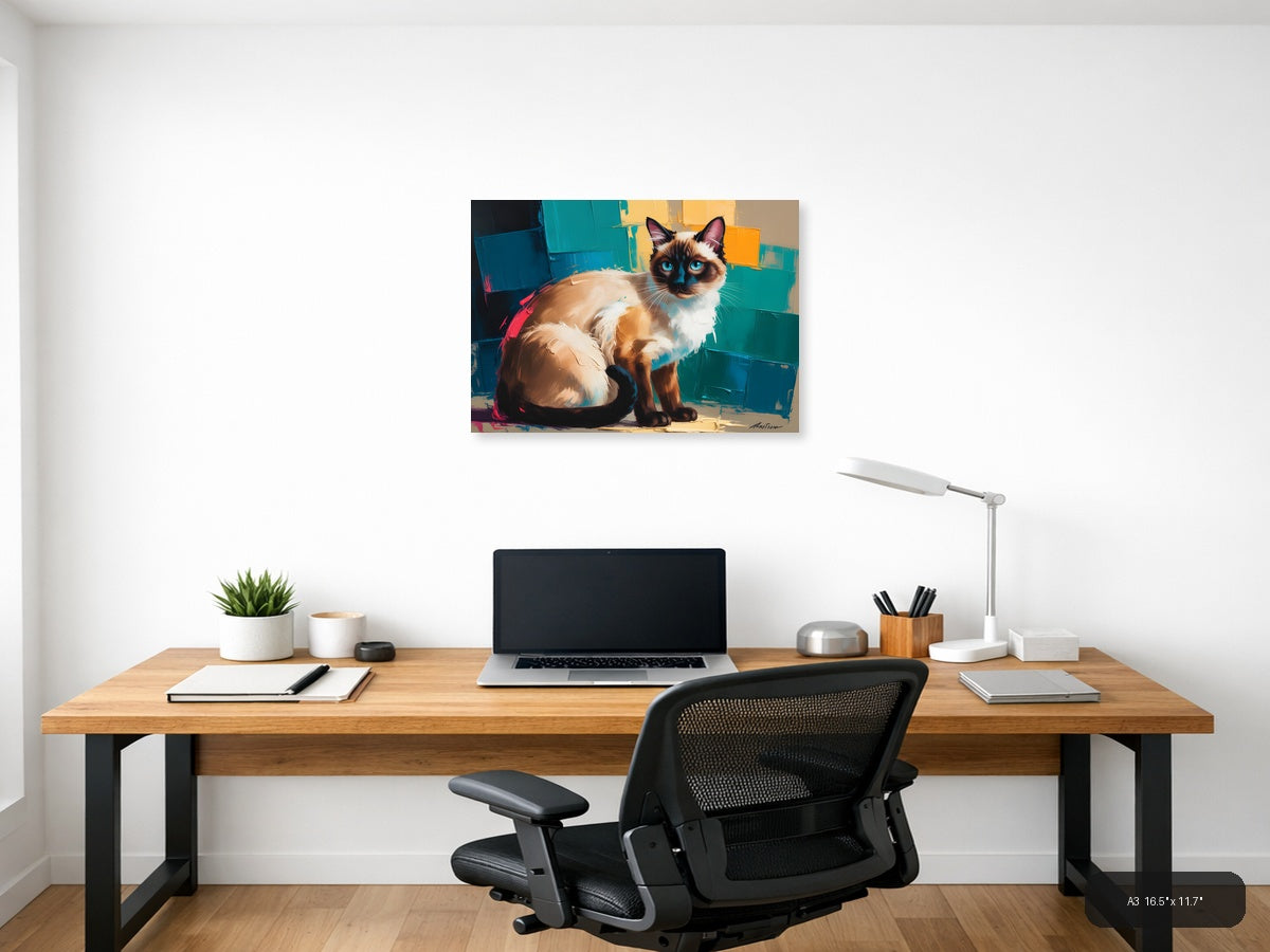 Siamese Cat with Blue Eyes Abstract Modern Wall Art — A3 / Office