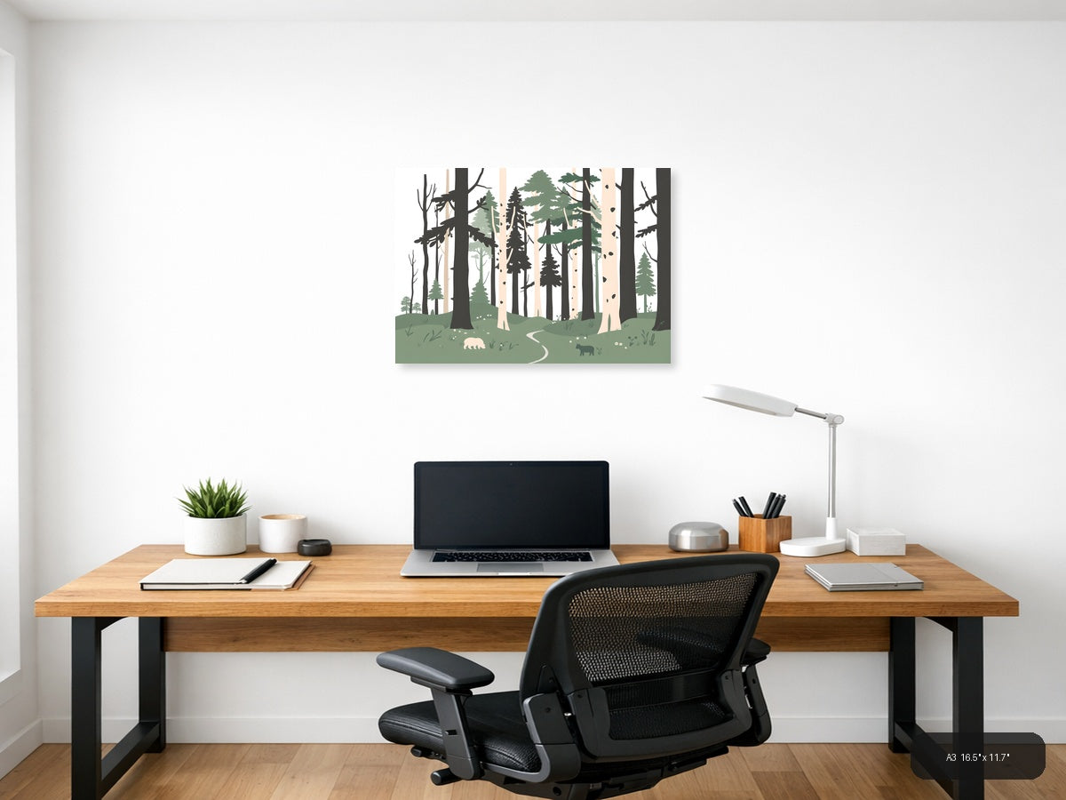 Minimalist Forest Path with Wildlife Wall Art — A3 / Office