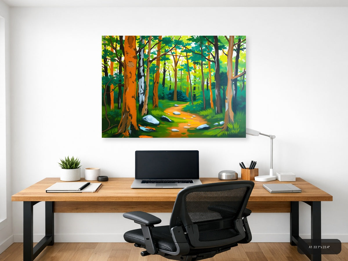Forest Path Abstract - Vibrant Trees & Stones Wall Art — A1 / Office