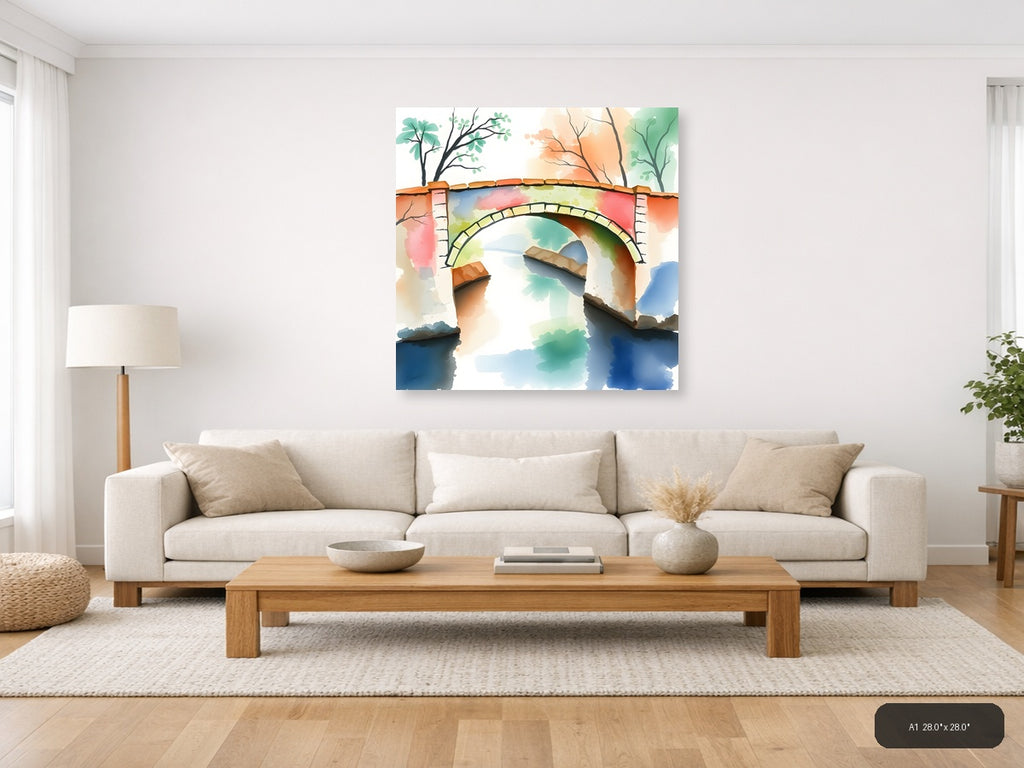 Stone Bridge Over Colorful Water Watercolor Wall Art — A1 / Living Room
