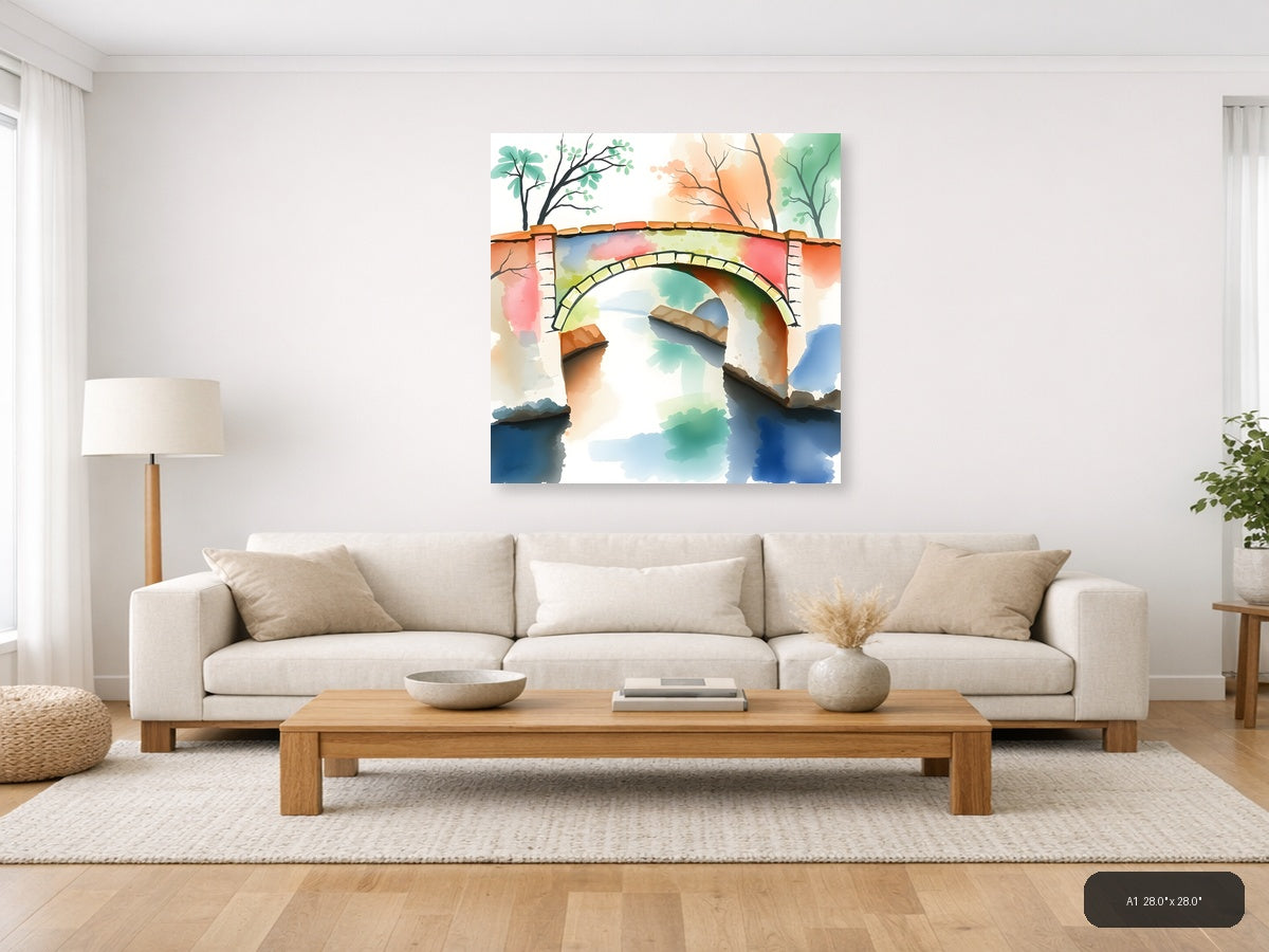 Stone Bridge Over Colorful Water Watercolor Wall Art — A1 / Living Room