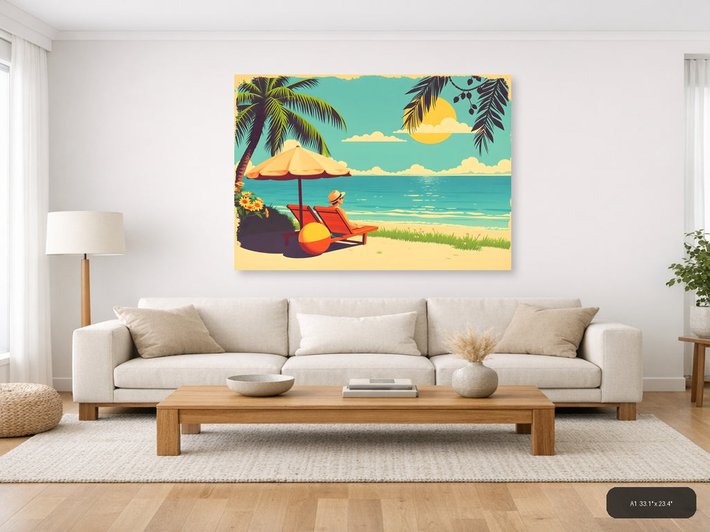 Vintage Beach Vacation Scene with Umbrella Wall Art — A1 / Living Room