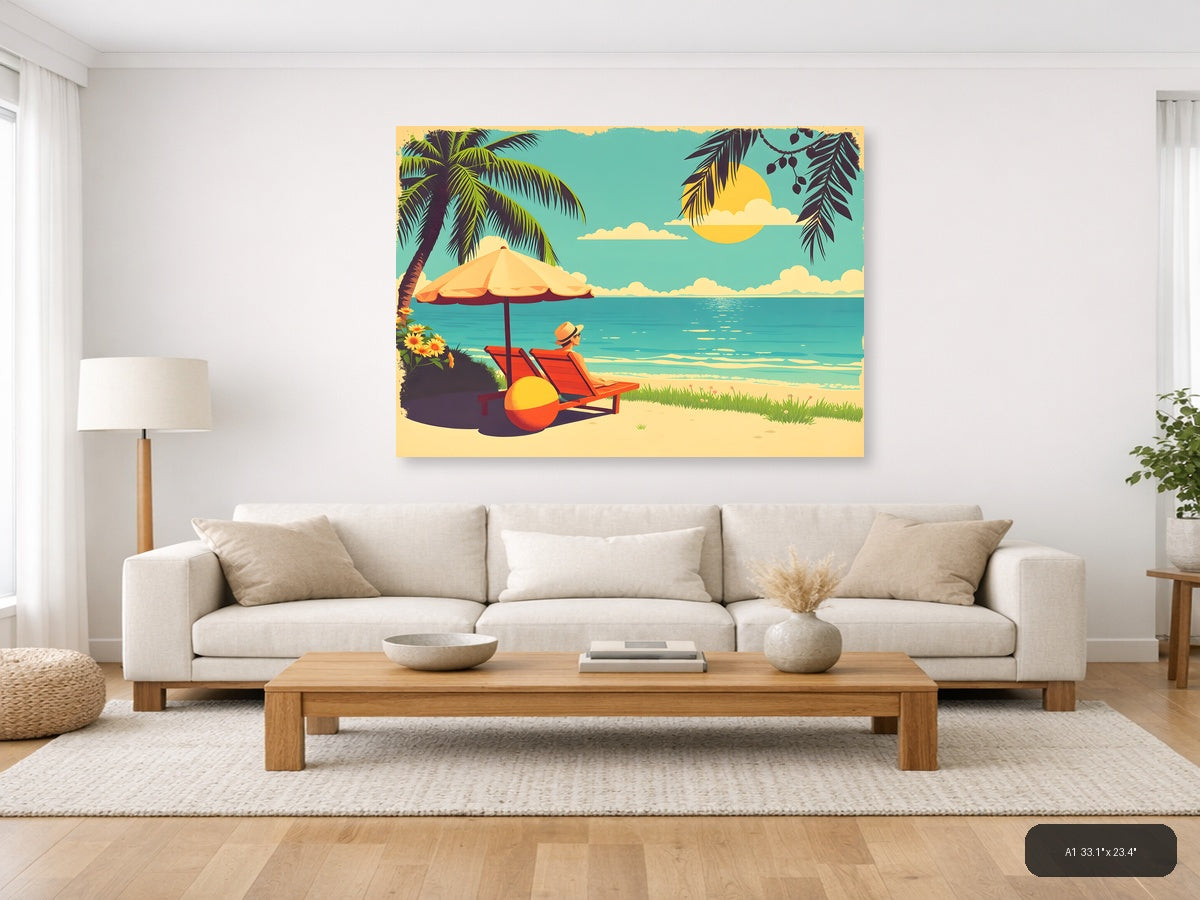 Vintage Beach Vacation Scene with Umbrella Wall Art — A1 / Living Room