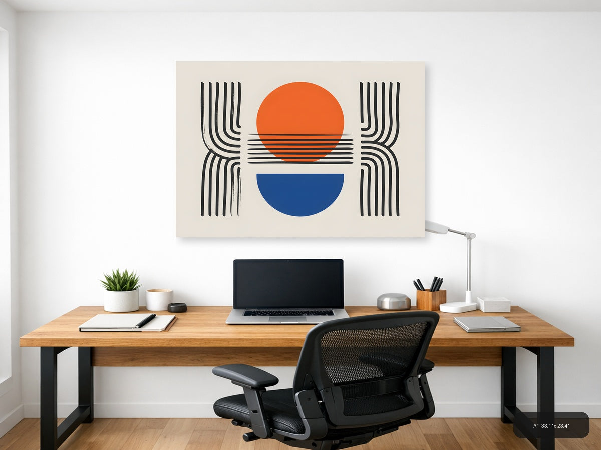Minimalist Sunset Line Art with Geometric Shapes Wall Art — A1 / Office
