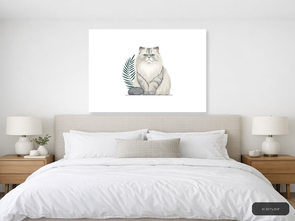 Fluffy White Cat with Plant Minimalist Wall Art — A1 / Bedroom