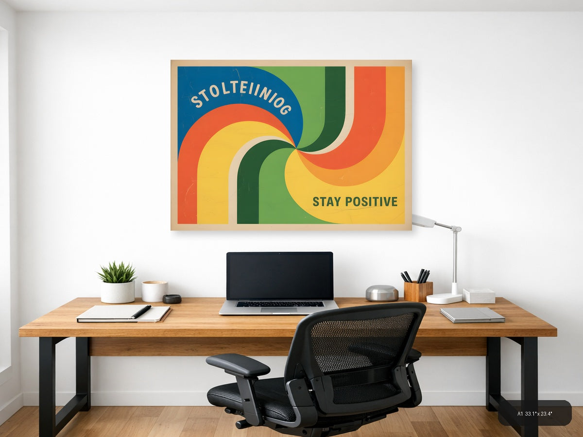 Vintage Retro Rainbow Curves 'Stay Positive' Wall Art — A1 / Office