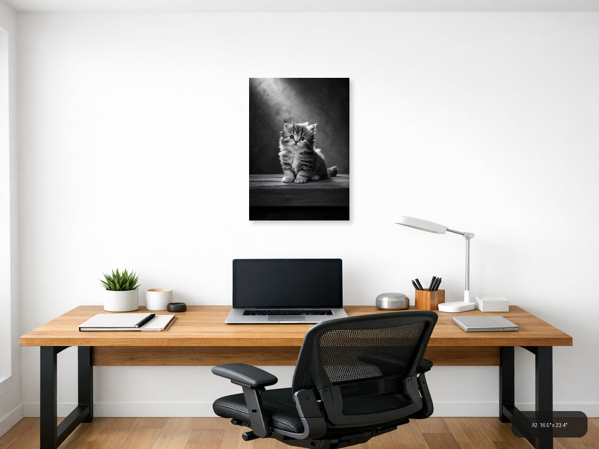 Fluffy Kitten Portrait Black and White Photography Wall Art — A2 / Office