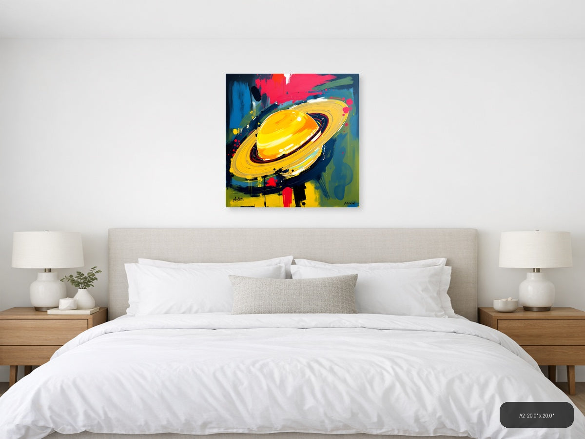Abstract Yellow Planet with Rings - Modern Space Wall Art — A2 / Bedroom