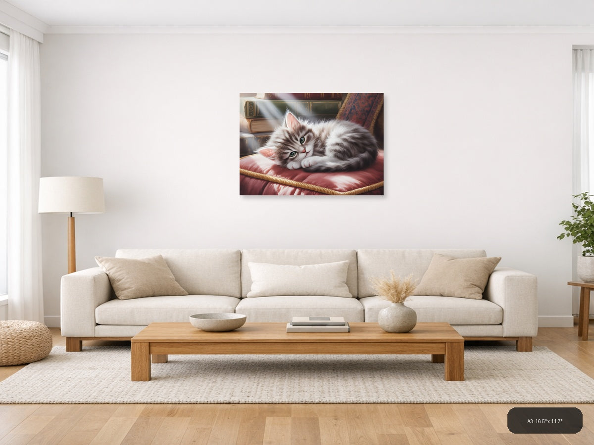 Fluffy White Cat Watercolor Portrait Wall Art — A3 / Living Room