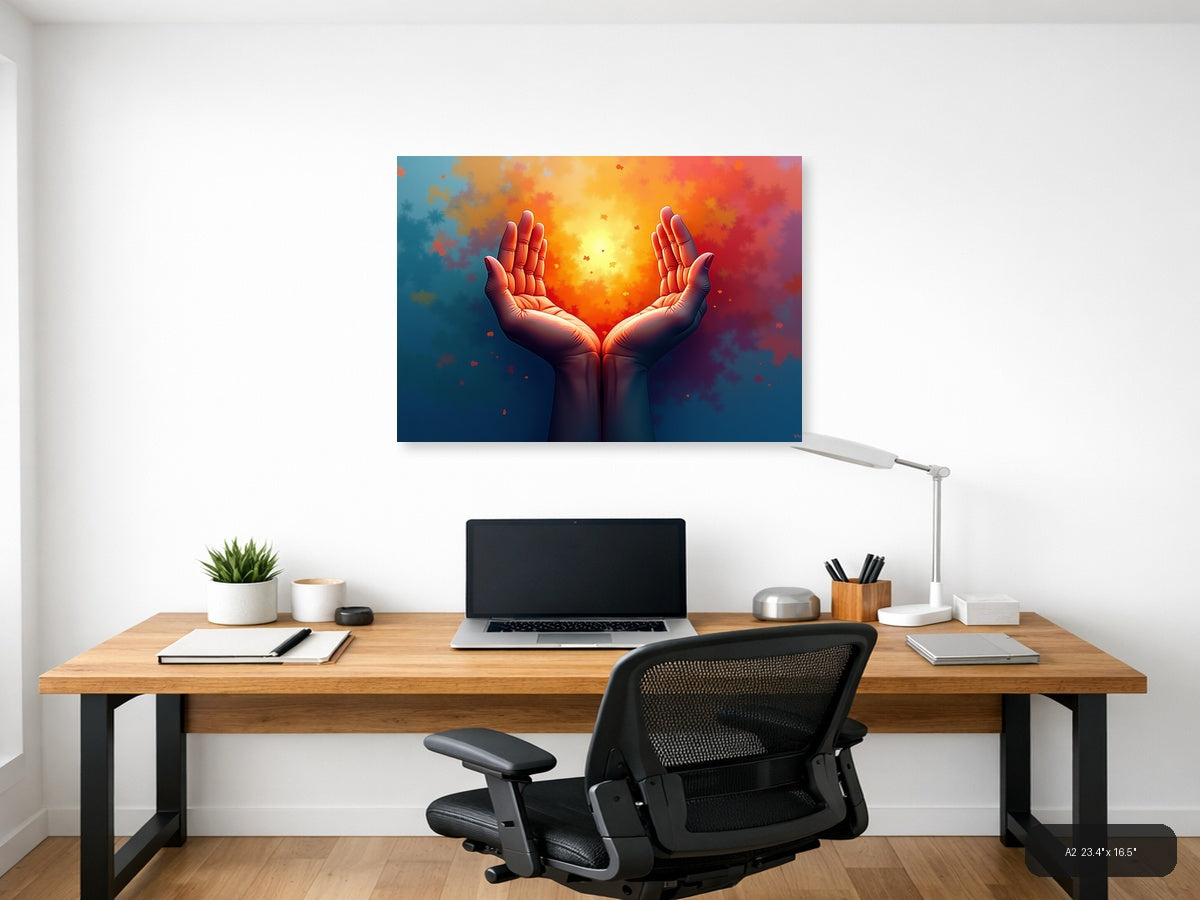 Glowing Hands Abstract Light Burst Modern Wall Art — A2 / Office