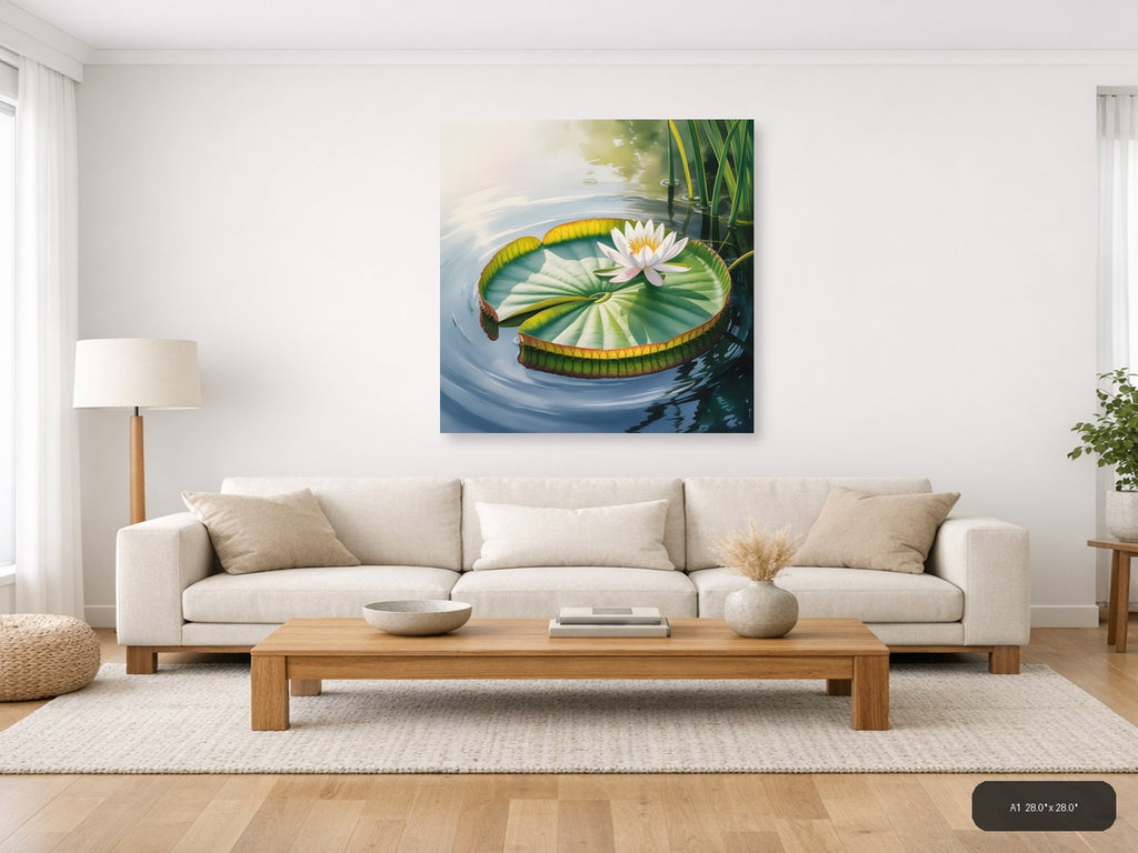 White Water Lily on Giant Leaf Watercolor Wall Art — A1 / Living Room