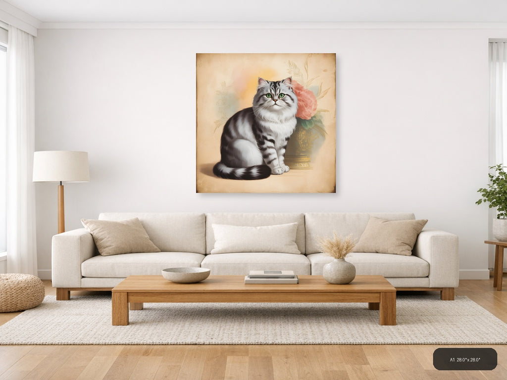 Vintage Grey Tabby Cat with Pink Roses Wall Art — A1 / Living Room