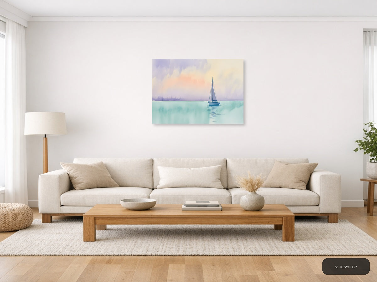 Sailboat on Turquoise Waters Watercolor Wall Art — A3 / Living Room