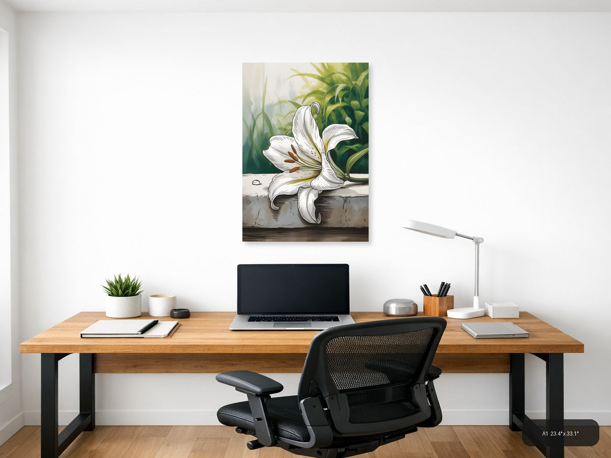 White Lily Line Art Botanical Drawing Wall Art — A1 / Office