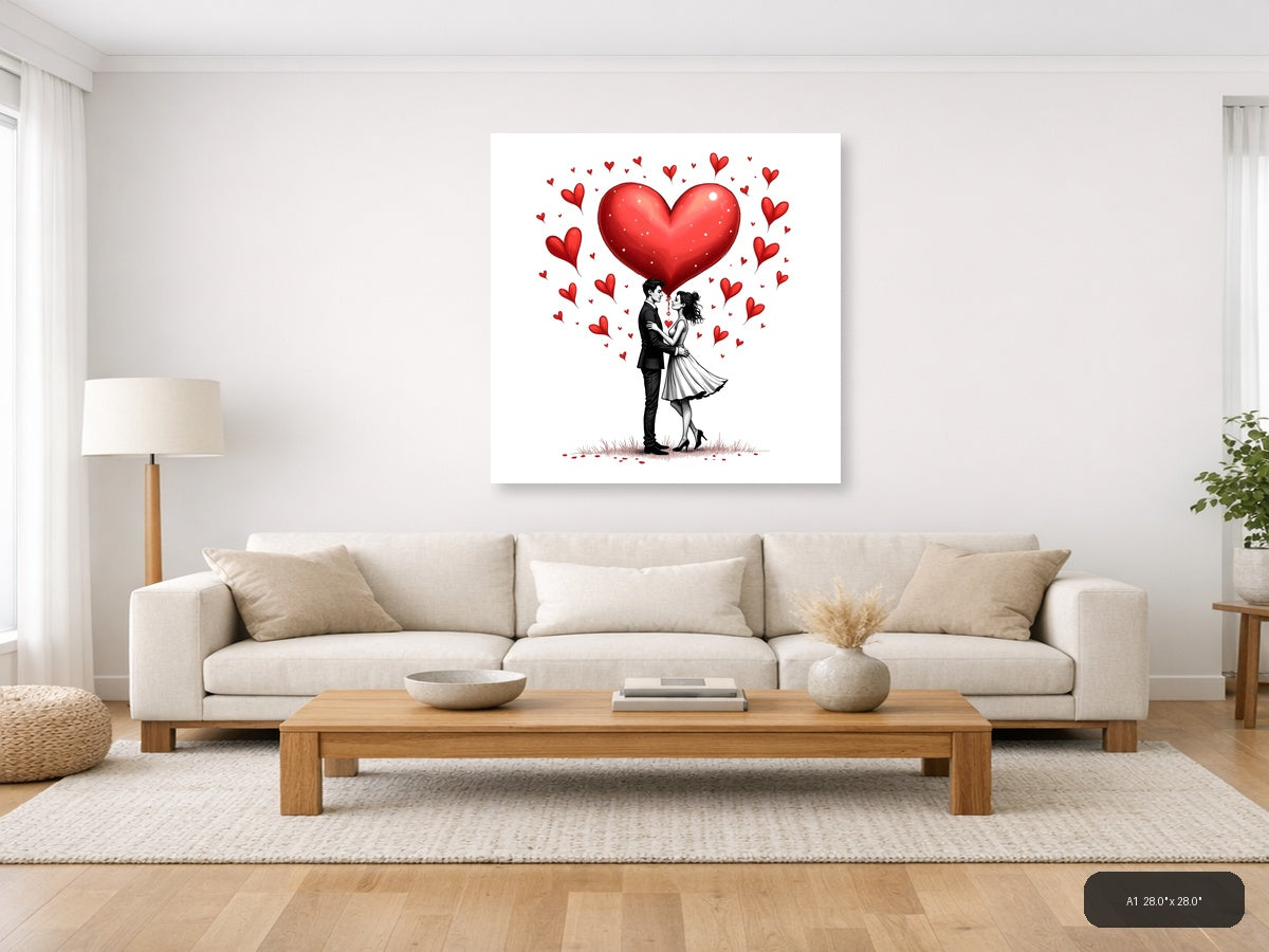 Couple in Love Line Art with Red Hearts Wall Art — A1 / Living Room
