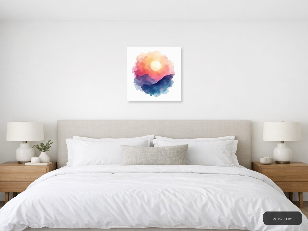 Watercolor Mountain Sunset with Moon Wall Art — A3 / Bedroom