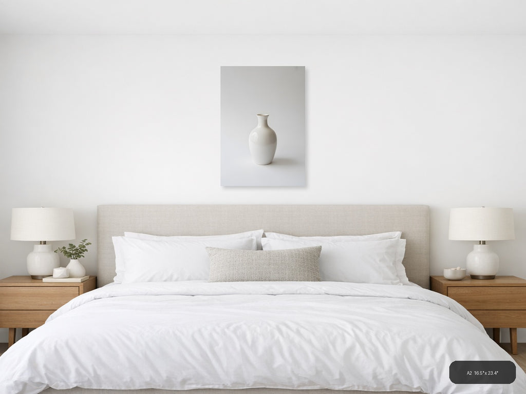 Minimalist White Ceramic Vase on Gray Wall Art — A2 / Bedroom