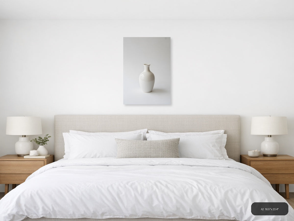 Minimalist White Ceramic Vase on Gray Wall Art — A2 / Bedroom