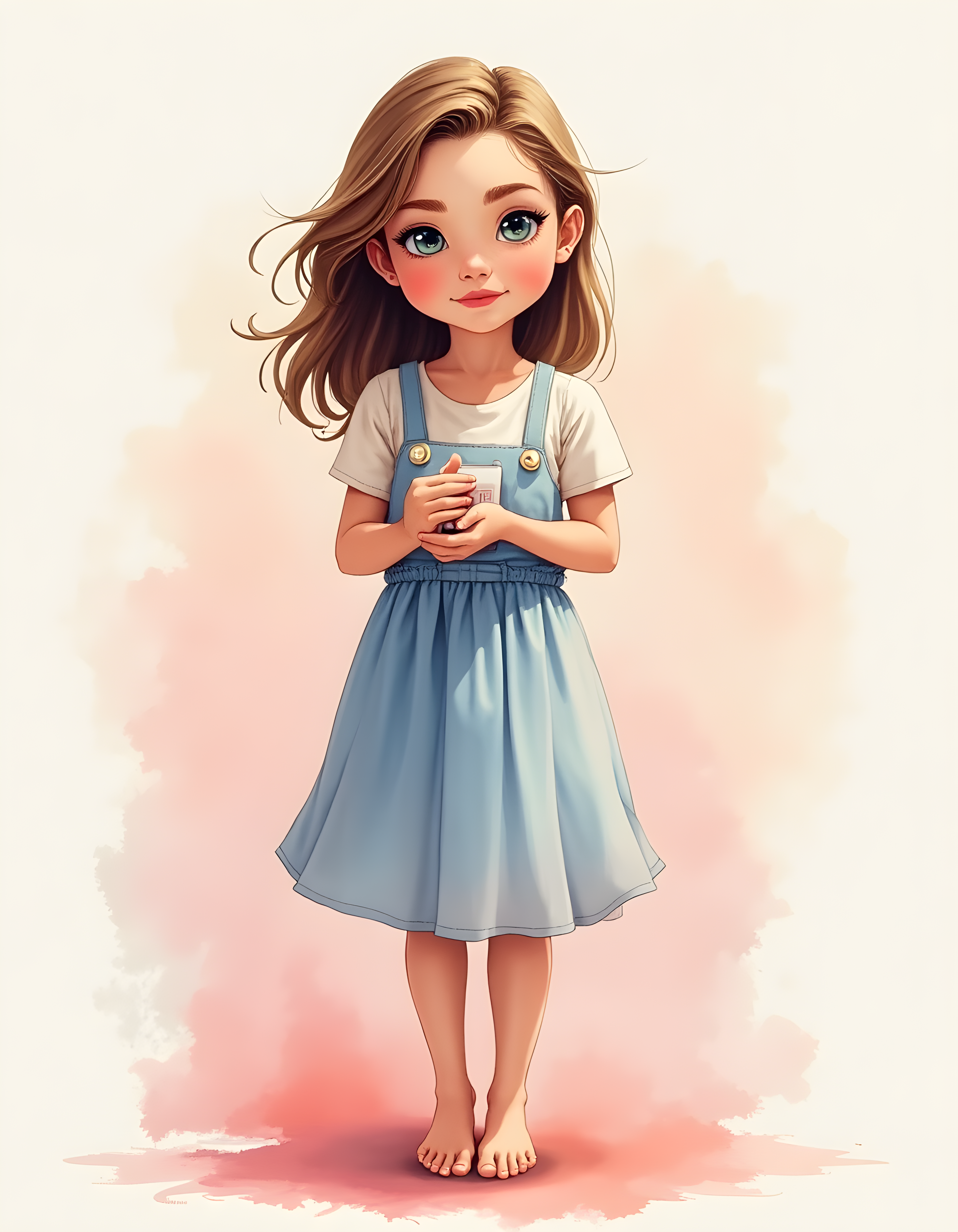 Young Girl in Blue Overalls Watercolor Portrait Wall Art