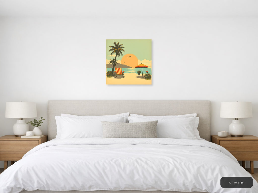 Vintage Beach Sunset Palm Tree Scene Wall Art — A3 / Bedroom
